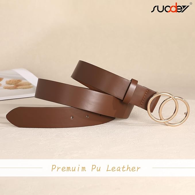 SUOSDEY Women Leather Belt Fashion Double O-Ring Soft Faux Leather Waist Belts For Jeans Dress