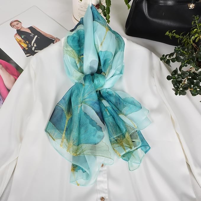 100% Mulberry Silk Women's Neck Silk Scarf-Lightweight Shawl,FLoral Print Beach Silk Wrap-Scarves for Photography