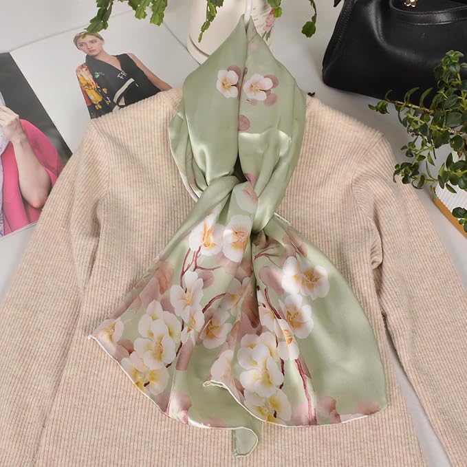 100% Mulberry Silk Scarf for Women Neck Oblong Headscarves Long Floral Print Lightweight Silk Wraps Shawls 67"*20"