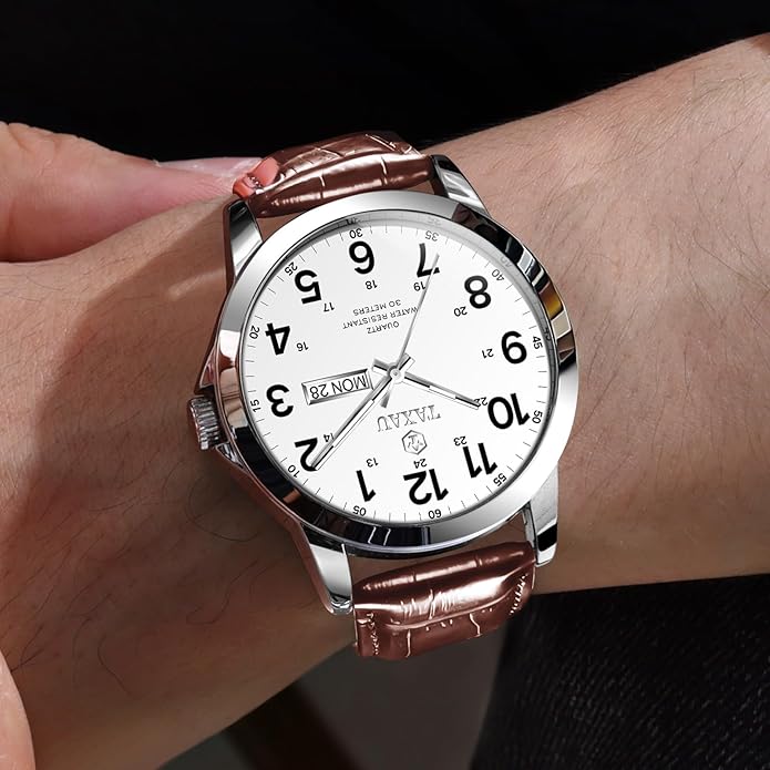 Watches for Men Leather Large Arabic Numerals Mens Watches Waterproof Band with Date Quartz Men's Wrist Watch