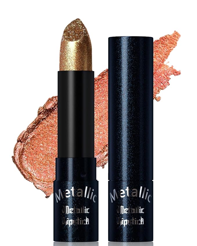 Glitter Metallic Lipstick Shimmer Lip Stick Long Lasting,Orange Gold Diamond Cream Shimmer Tinted Lip Gloss High Pigmented,Metallic Matte Red Lipcolor Stain Women Christmas Non Stick Lips Makeup-05