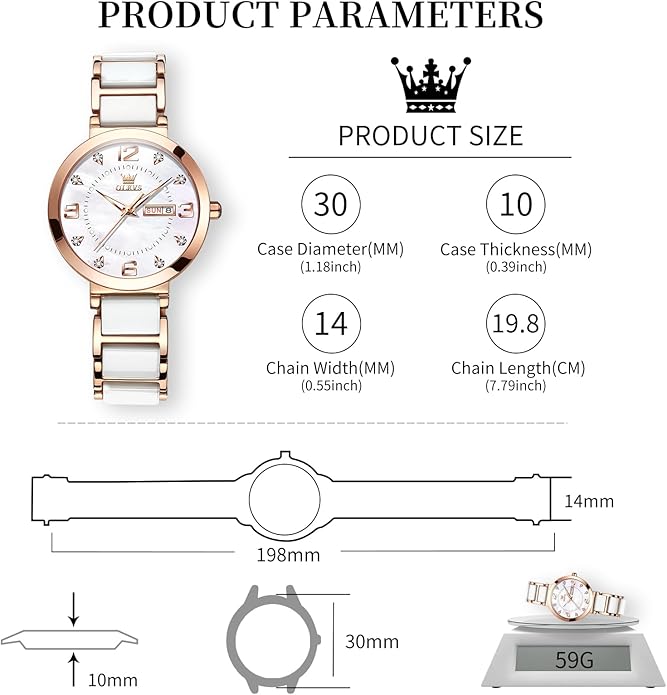 OLEVS Womens Ceramic Watch Luxury Shinning Diamond Rose Gold Watch for Women Analog Quartz Ladies Dress Watches Casual Waterproof Wrist Watches for Woman with Day Date Reloj para Mujer
