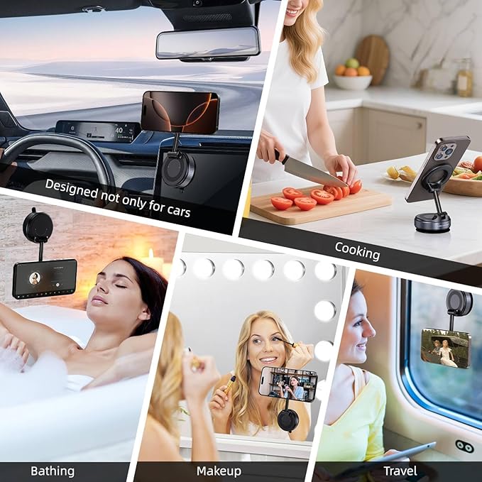 Vacuum Magnetic Suction Phone Holder, Foldable and Retractable Hands-Free Suction Cup Phone Mount for Car/Gym/Mirror/Smooth Surface, Compatible with iPhone Android and All Smartphones (Black)