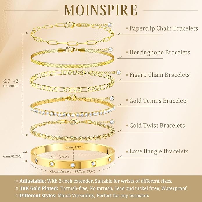 Gold Bracelets for Women Non Tarnish, Dainty 18K Gold Plated Bracelets Stack Trendy Waterproof Stackable Bangles, Cuban Link Paperclip Chain Jewelry Set Fashion Accessories Gifts for Women