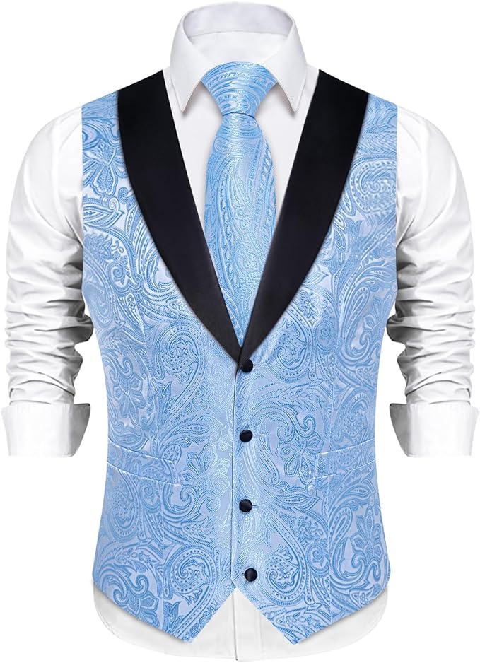 DiBanGu Mens Paisley Suit Vest Silk Jacquard Waistcoat and Necktie Set Formal Shawl Collar Dress Vest 7PCS for Wedding Party