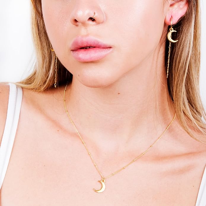 Gold Moon Necklace for Women - Crescent Pendant on a Minimal Gold Filled Satellite Chain - Length 16" + 2" Extender