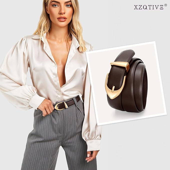 XZQTIVE Women's Leather Belts, Classic Minimalist Design For Jeans Pants Dresses, Black Belt With Gold Buckle