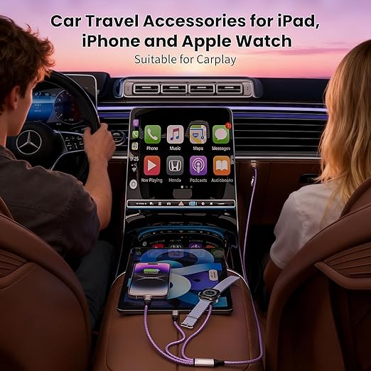 Travel Essentials, 3 in 2 USB A/C Cable to iPhone 17 Charger/Apple Watch Charger/Lightning, Braided Multi Charging Cable Cord, RV Camping Essentials, Designed for iWatch Series & iPhone17-11/iPad-5FT