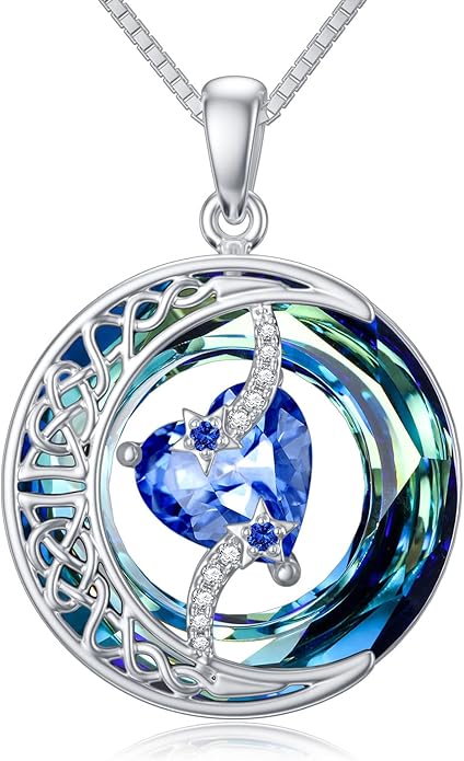 TOUPOP Birthstone Necklace 925 Sterling Silver Moon and Star Pendant with Blue Crystal Celtic Moon Jewelry Birthday Valentines Day Gifts for Women Mom Wife Her