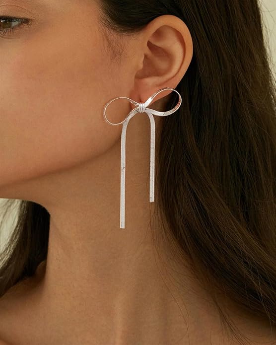 ASCOMY Gold Stud Earrings for Women - Dainty Bow 14K Gold/Silver Plated Pearl Earrings - Trendy Cute Ribbon Minimalist Jewelry Gifts for Her