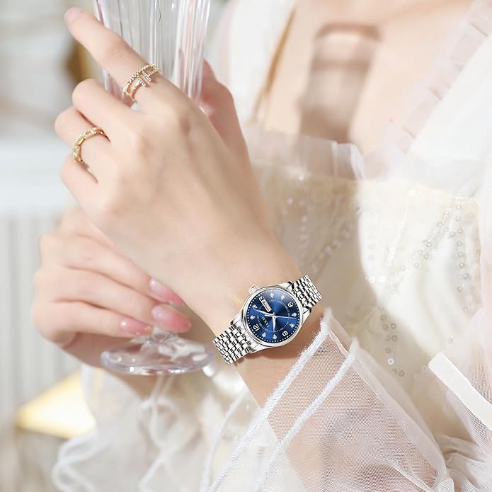 Gold Silver Two Tone Women Stainless Steel Watch Small Wrist ElegantDress Watch for Women Fashion Luxury Waterproof Day Date Analog Quartz Ladies Watches