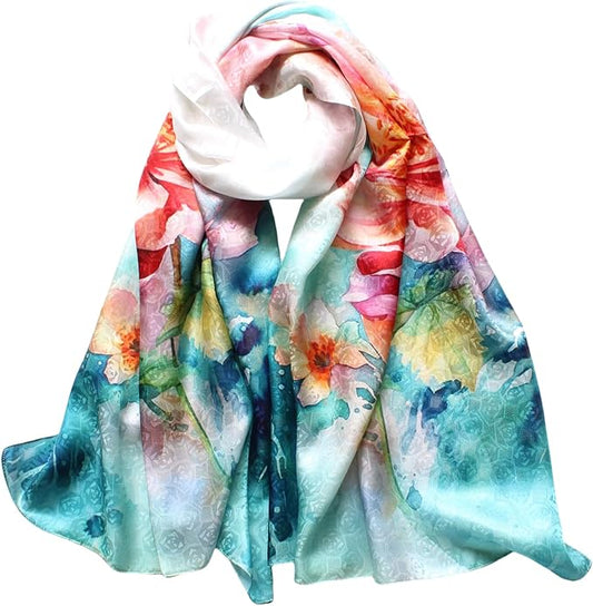 100% Mulberry Silk Scarfs for Women Floral Print Satin Long Scarf for Headscarf Hair Wraps Shawl with Gift Packed