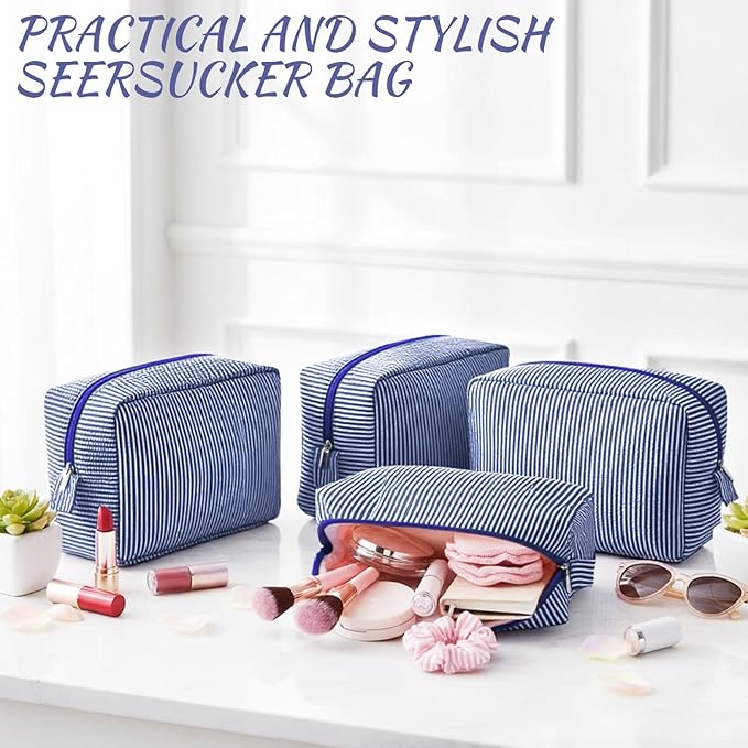 Sanwuta 3 Pcs Seersucker Makeup Bags Seersucker Cosmetic Bags Striped Women Large Travel Toiletry Organizer Preppy Storage Pouch for Embroidery Wedding Bridesmaid Gifts(Navy Blue)