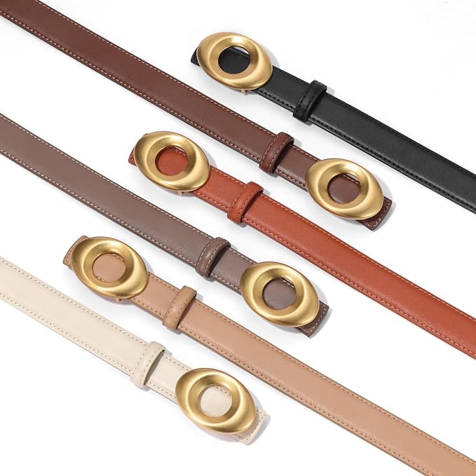 Women's Elegant Casual Genuine Leather Belt with Matte Oval Vintage Gold Buckle for Jeans Pants Dresses