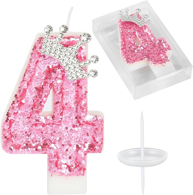 Birthday Number Candles,Pink Crown Birthday Candles for Cake,Glitter Number 4 Candle Cake Topper with Sequins for Girls,Women, Anniversary Celebrations Supplies (Pink 4)