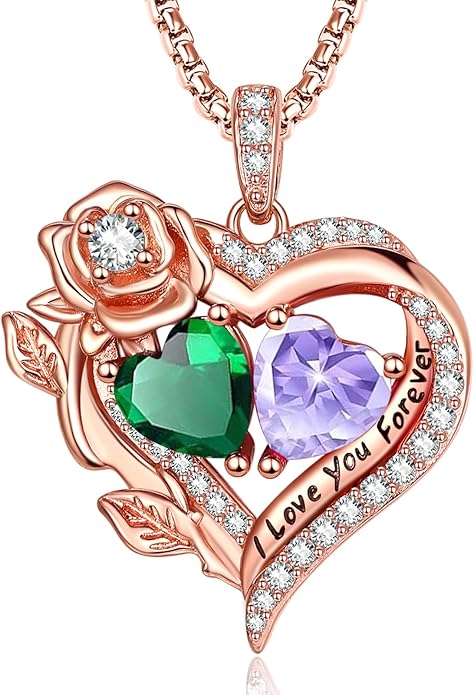 Rose Heart Necklaces for Women, Rose Gold Forever Love Jewelry with 2 Birthstones Pendant, Christmas Anniversarry Birthday Gifts for Her Wife Mom Grandma, 18+2 Inch Chain