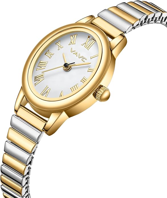 Small Gold Watches for Women,Analog Womens Watch with Stainless Steel Expansion Band,Oval Case Roman Dial,Water Resistant