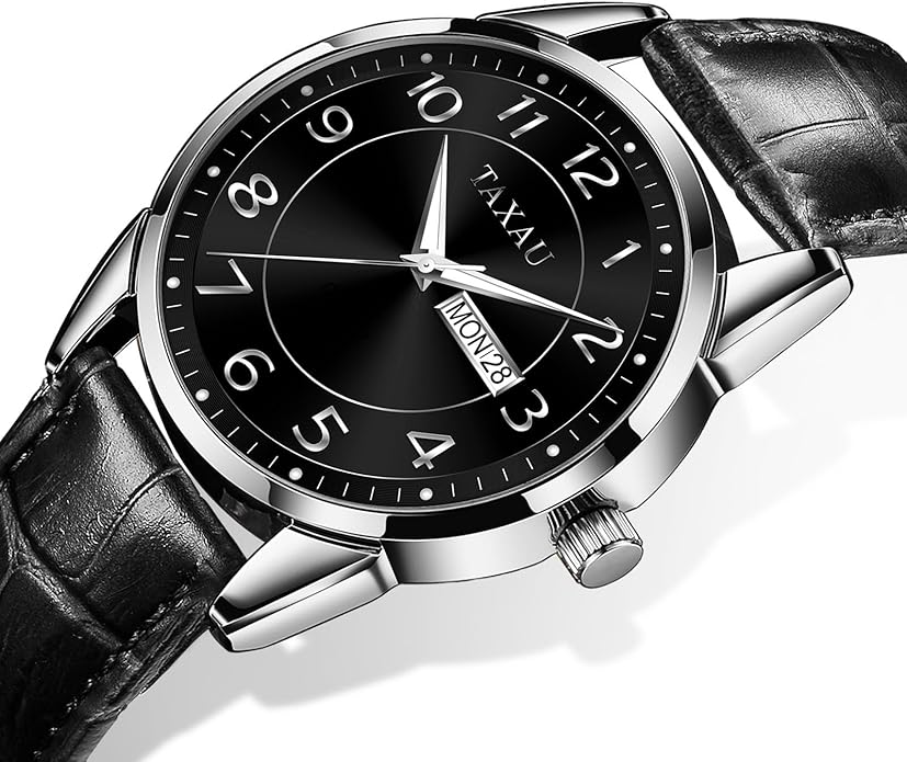 Men's Watch Big Face Easy Read Arabic Numeral Dress Watches for Men Classic Black Brown Leather Band Analog Mens Wrist Watch with Day and Date Fashion Business Waterproof Luminous Quartz Watch