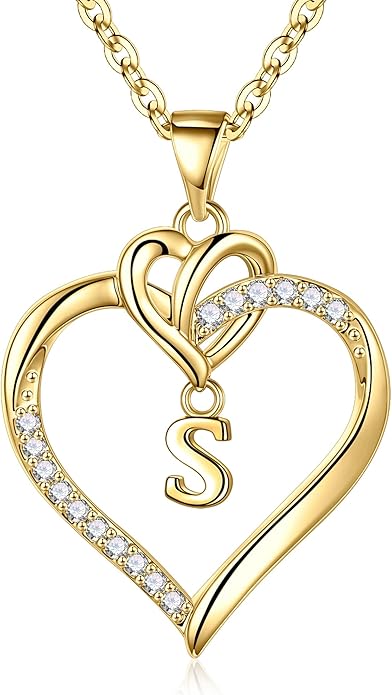STORUP Gifts for Women Teen Girls - Heart Initial Necklaces for Women Girls, 14K-Gold-Plated Cubic Zirconia Initial A-Z Pendant Dainty Heart Necklaces for Teen Girl Jewelry Birthday Gifts