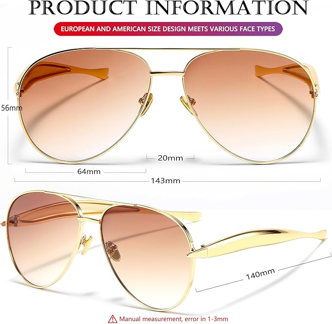 AIEYEZO Gold Aviator Sunglasses for Women Men Oversized Thick Frame Sun Glasses Fashion Retro Sardine Pilot Shades