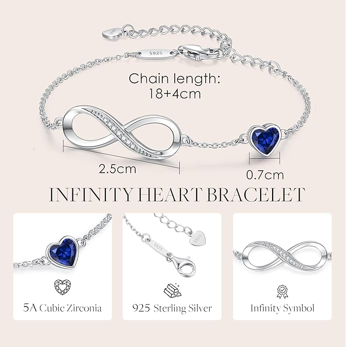 CDE Infinity Heart Birthstone Charm Link Bracelet for Women 925 Sterling Silver Adjustable Mother's Day Christmas Day Gift Anniversary Birthday Jewelry for Wife Girlfriend Her