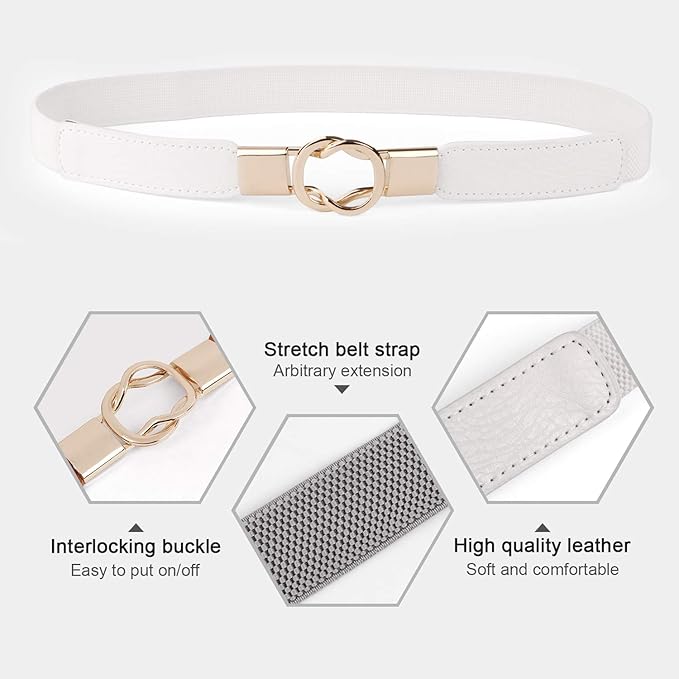 WERFORU Women Skinny Belt for Dresses Retro Stretch Waist Belt with Gold Buckle Set of 4