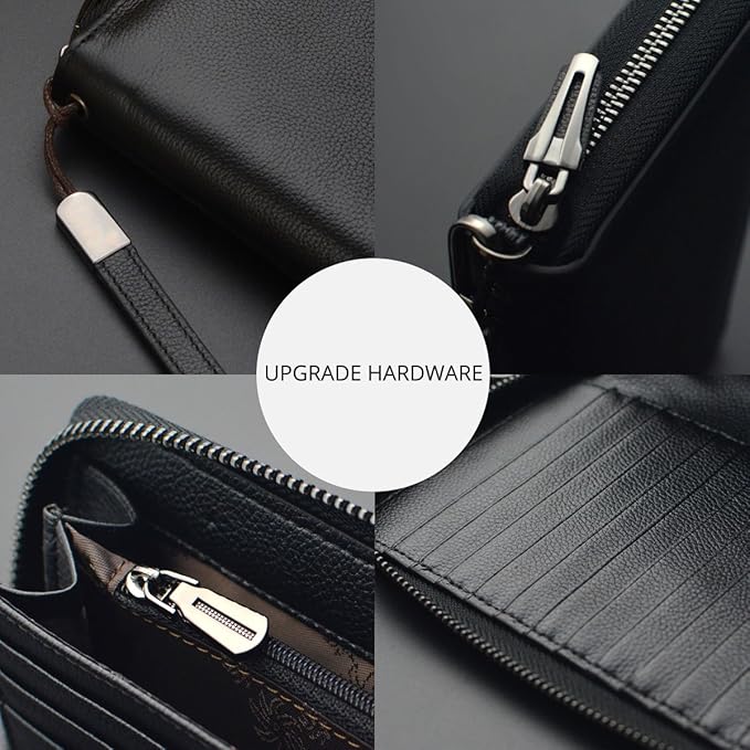 Women's Genuine Leather RFID Blocking Zip Around Wallet with Phone Pocket Large Capacity Travel Wristlet (Black)