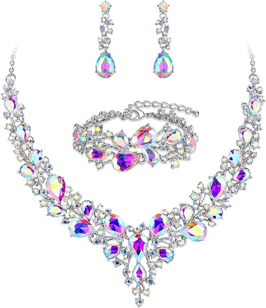 BriLove Wedding Bridal Jewelery for Women Austrian Crystal Teardrop Cluster Statement Necklace Dangle Earrings Link Bracelet Set