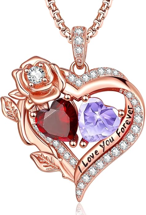 Rose Heart Necklaces for Women, Rose Gold Forever Love Jewelry with 2 Birthstones Pendant, Christmas Anniversarry Birthday Gifts for Her Wife Mom Grandma, 18+2 Inch Chain