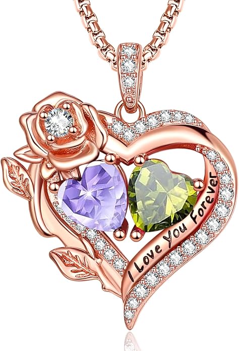 Rose Heart Necklaces for Women, Rose Gold Forever Love Jewelry with 2 Birthstones Pendant, Christmas Anniversarry Birthday Gifts for Her Wife Mom Grandma, 18+2 Inch Chain