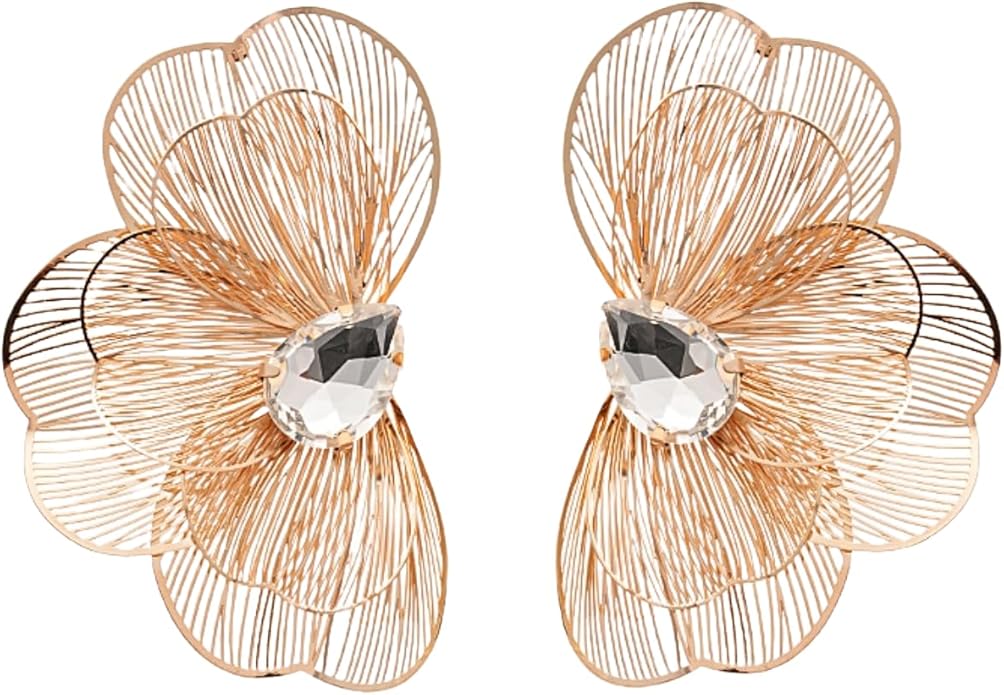 Chunky Flower Earrings 14K Gold Plated Geometry Petal Earrings Vintage Hollowing Out Layered Dangle Earring Fashion Exaggeration Jewelry for Women