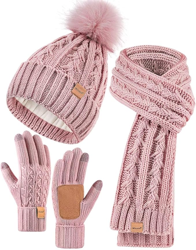 Womens Beanie Hat Scarf Gloves Set, Fleece Lined Winter Hat with Pom Pom, Long Knit Scarf Touchscreen Gloves for Cold Weather