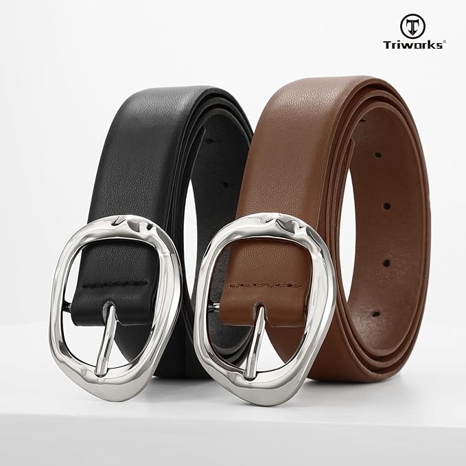 TRIWORKS 2 Pack Leather Belts for Women Fashion Waist Belt with Liquid Shapes Women Belt for Jeans Pants Dresses