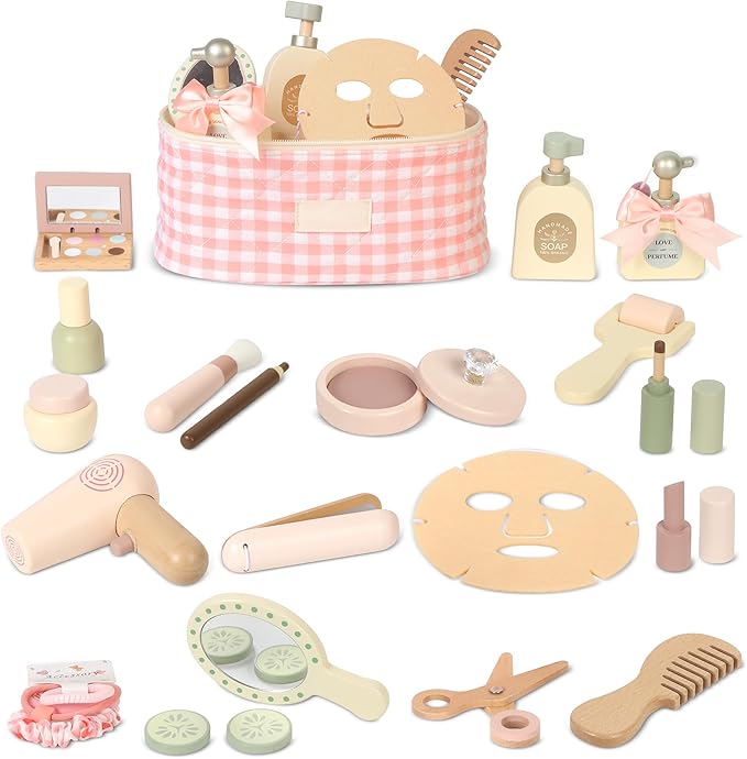 Wooden Makeup Toy Set, Pretend Play Makeup Set for Kids Toddlers, Play Beauty Makeup Kit for Girls 3 4 5 6 7 Year Old