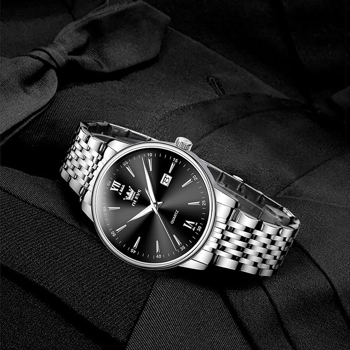 OLEVS Mens Watch Stainless Steel Analog Quartz Watches for Men Day Date Easy Read Diamond Waterproof Dress Luxury Classic Casual Big Face Blue/Black/Gold/Silver Roman Arabic Numerals Men's Wrist Watch