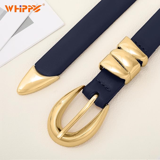 WHIPPY Women Skinny Leather Belt for Jeans Pants Dresses Ladies Fashion Waist Belt with Shiny Gold Buckle
