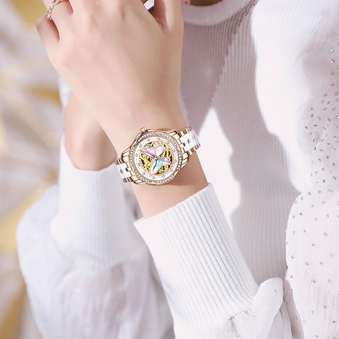 OLEVS Womens Automatic Watch, Premium Large Face Diamond Accented Self Winding Watches for Women, Fashion Waterproof Ladies Dress Watch, Two Tone Stainless Steel Ceramic Bracelet