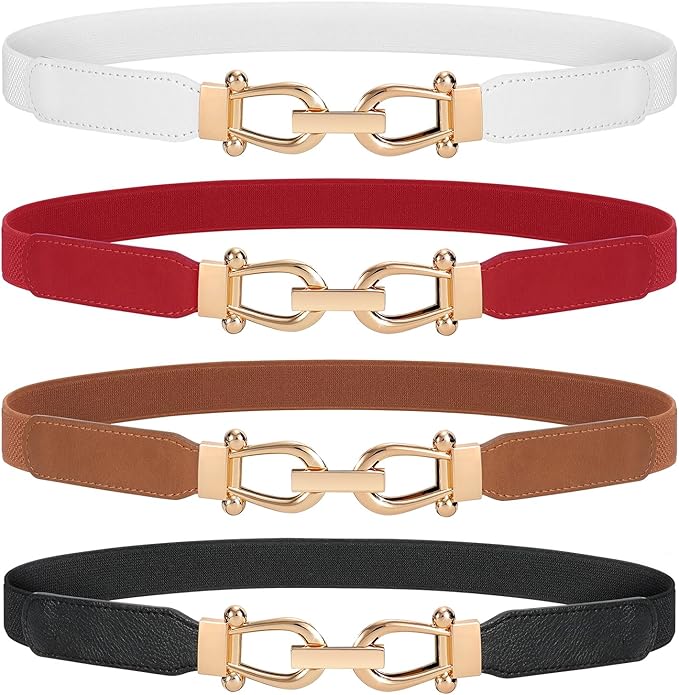 WERFORU Women Skinny Belt for Dresses Retro Stretch Waist Belt with Gold Buckle Set of 4
