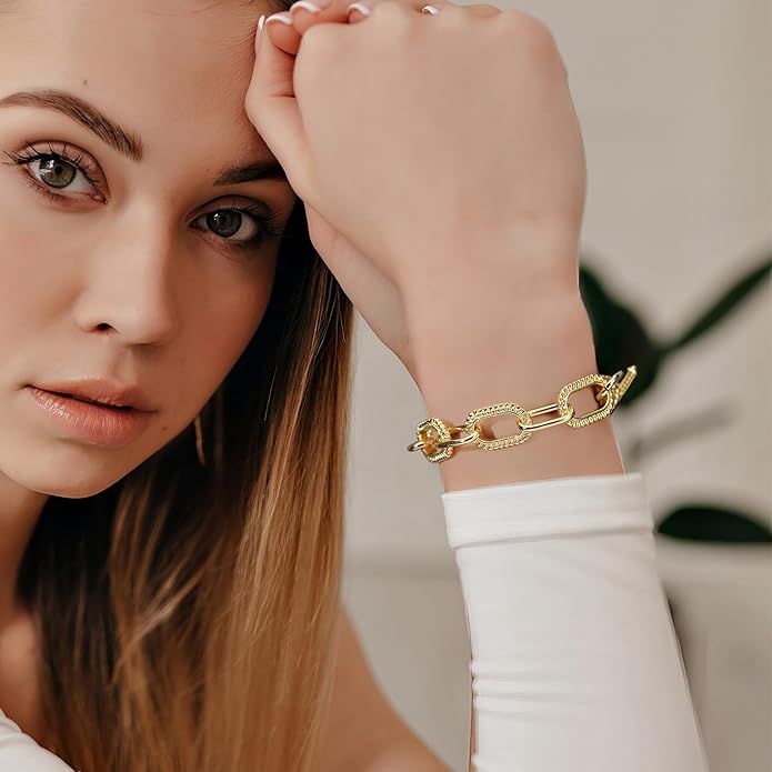 Mytys Link Bracelet for Women Gold and Silver 2 tone Circles Chain Wire Bangle Bracelets