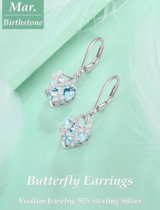 Butterfly Earrings for Women 925 Sterling Silver Heart Earring Birthstone Jewelry