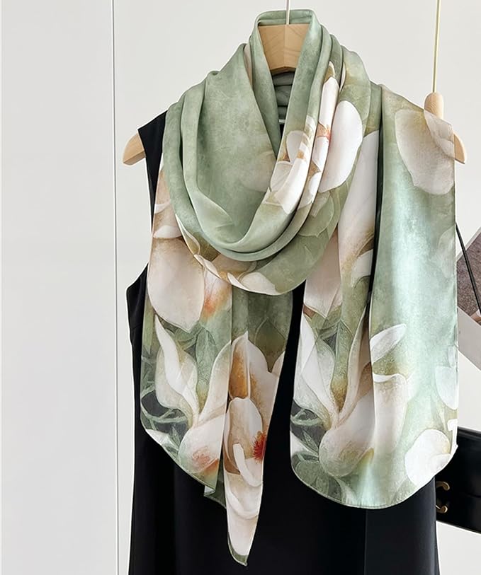100% Mulberry Silk Scarfs for Women Floral Print Satin Long Scarf for Headscarf Hair Wraps Shawl with Gift Packed
