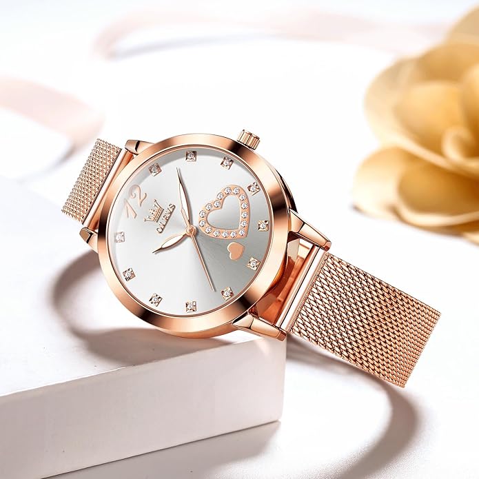 OLEVS Women's Small Wrist Rose Gold Tone Watch - Cute Diamond Heart Arabic Numerals Dial, Fashion Waterproof Mesh Bracelet Analog Dress for Ladies