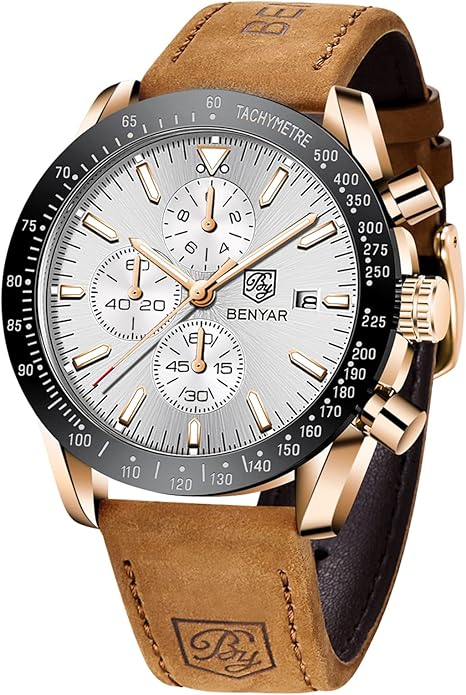 BY BENYAR Watch for Men Analog Quartz Chronograph Waterproof Luminous Designer Mens Wrist Watches Business Work Sport Casual Dress Watch with Silicone Strap Elegant Gifts for Men