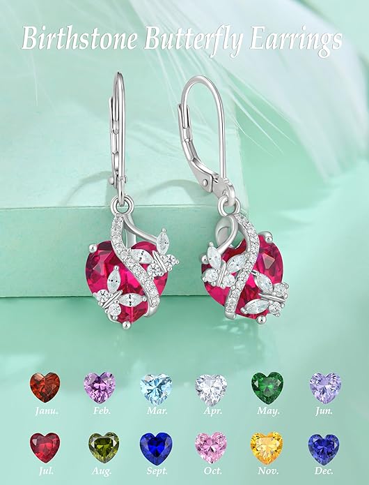 Butterfly Earrings for Women 925 Sterling Silver Heart Earring Birthstone Jewelry