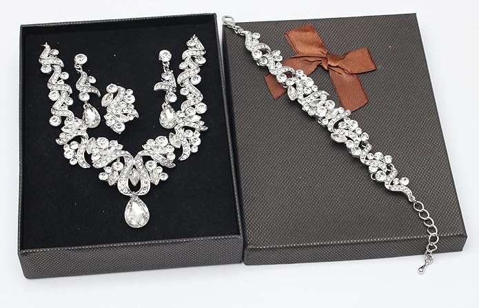 Jewelry Set for Women, Statement Necklace Dangle Earrings Bracelet Ring, White/KC Gold Plated Jewelry Set with Rhinestone Pearl Crystal Wedding Party Jewelry for Bridal Bridesmaid