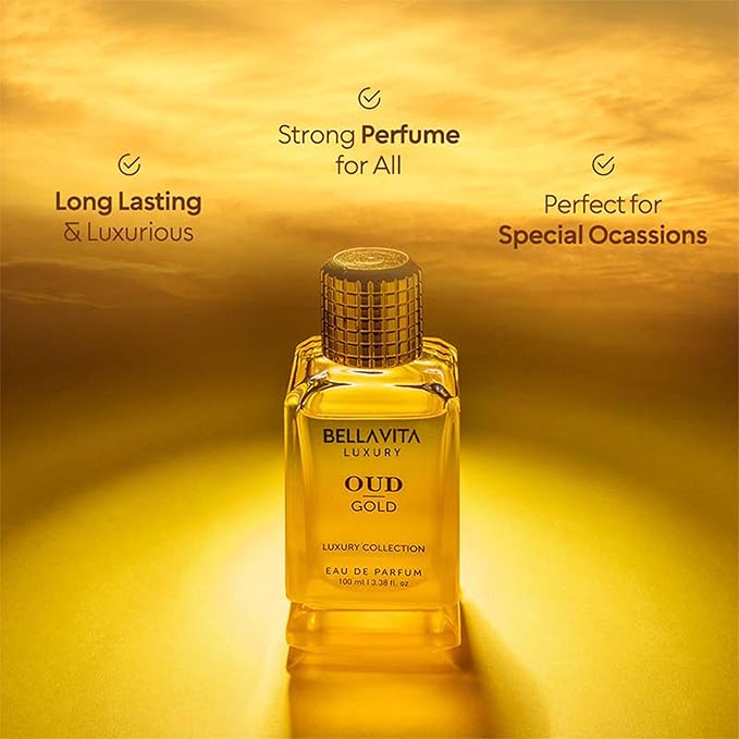 BellaVita Luxury OUD Gold Eau De Parfum (100ml) Unisex | Aromatic Arabian Perfume | Infused with Sweet Caramel, Orris, Rose, Jasmine | Arabic Gold OUD Perfume for Women & Men