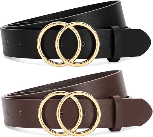 SANSTHS 2 Pack Women Leather Belts Faux Leather Jeans Belt with Double O Ring Buckle