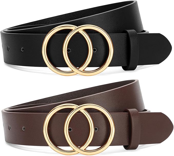 SANSTHS 2 Pack Women Leather Belts Faux Leather Jeans Belt with Double O Ring Buckle