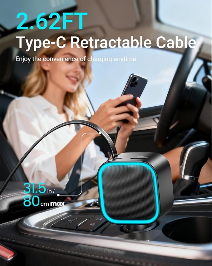 Retractable Car Charger USB-C,Rocoren 57W 3-in-1 Type C Fast Car Charging [Ultra-Compact Mini] with Cord Cigarette Lighter Adapter Car Accessories for iPhone17/16/15,S25 Android,Gifts for Women Men