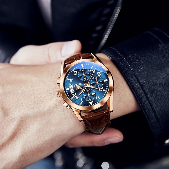 OLEVS Men's Casual Leather Watch, Big Face Chronograph Watch for Men, Fashion Easy to Read Dress Watch, Men's Waterproof Luminous Date Analog Watch, Gold/Black/White/Blue Dial